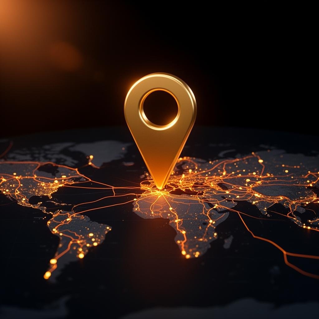 Pin do Google Maps brilhando sobre o mapa mundial